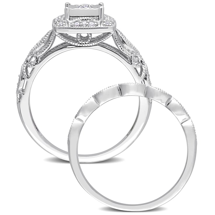 1/5 CT TW Diamond Square Halo Bridal Ring Set in Sterling Silver