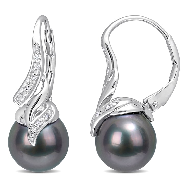 9-9.5 MM Black Tahitian Cultured Pearl and Diamond Accent Twist Drop
Earrings in Sterling Silver