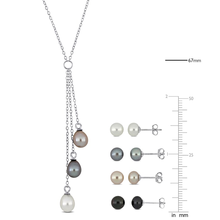 6-6.5MM Freshwater Cultured Pearl 16" Necklace and 4 Pairs Stud
Earrings Set in Sterling Silver