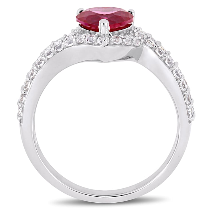 2 1/2 CT TGW Created Ruby and Created white Sapphire Halo Engagement
Ring in Sterling Silver