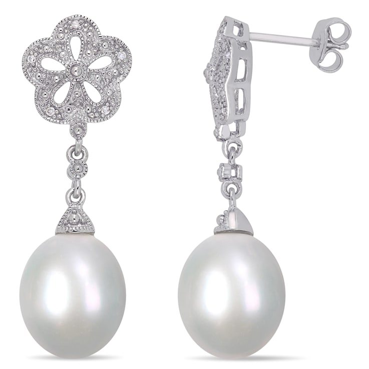 9.5-10MM Freshwater Cultured Pearl and Diamond Accent Drop Earrings in
Sterling Silver