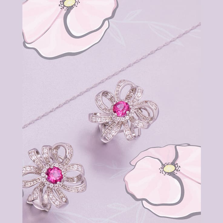 2 CT TGW Pink Sapphire and White Topaz Flower Earrings in Sterling Silver