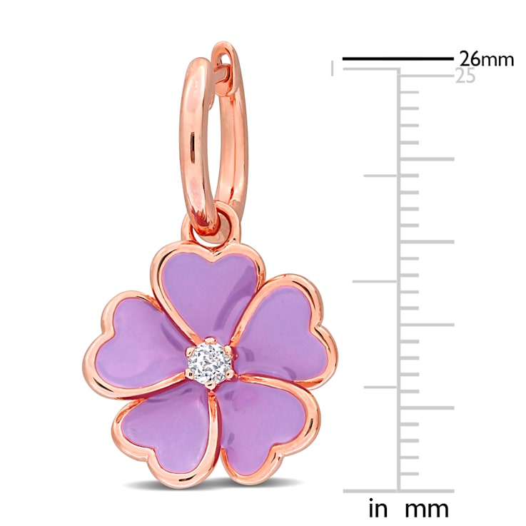 1/6 CT TGW White Topaz with Purple Enamel Flower Hoop Earrings in Rose
Plated Sterling Silver