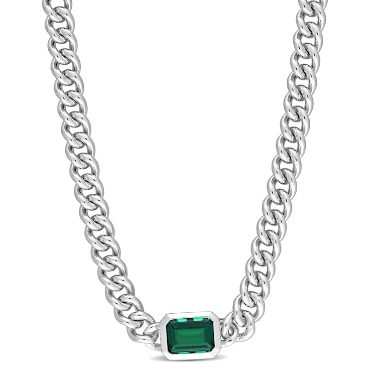 7/8 CT TGW Octagon Created Emerald Curb Link Chain Necklace in Sterling Silver