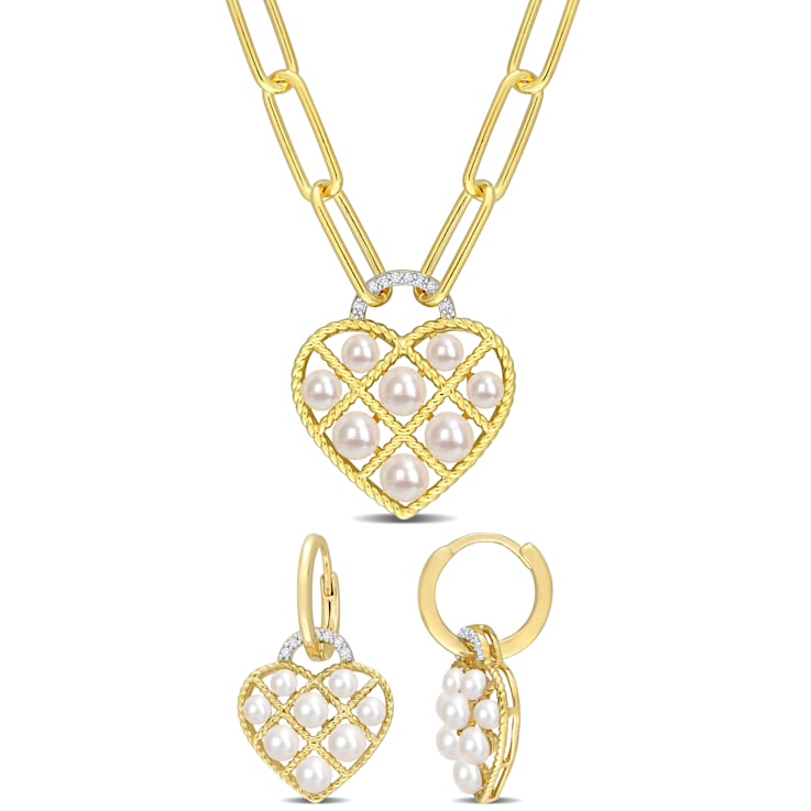 2.5-5MM Freshwater Cultured Pearl & Diamond Earrings & Necklace
Set in Yellow Plated Sterling Silver