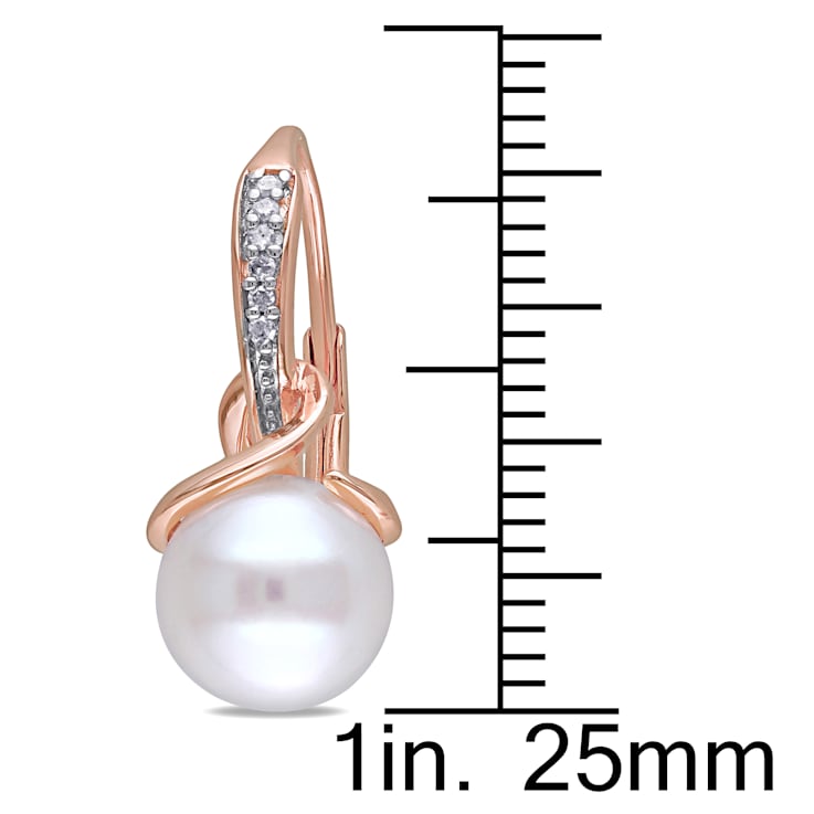 8-8.5 MM White Freshwater Cultured Pearl and Diamond Earrings 18K Rose
Gold Over Sterling Silver