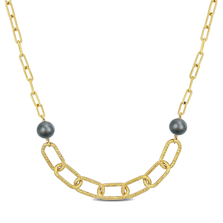 9-10 MM Grey Freshwater Cultured Pearl Oval Link Necklace in 18K Yellow
Gold Over Sterling Silver