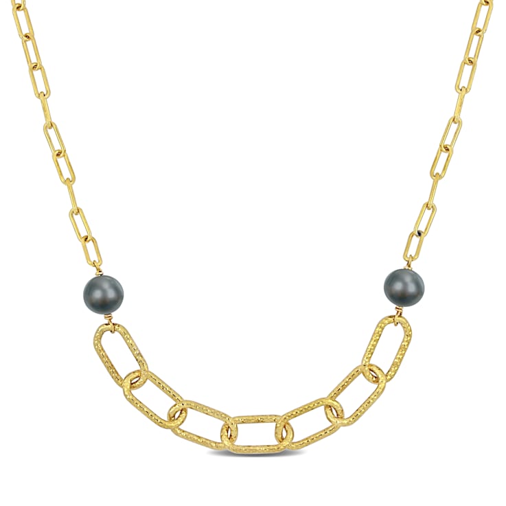 9-10 MM Grey Freshwater Cultured Pearl Oval Link Necklace in 18K Yellow
Gold Over Sterling Silver