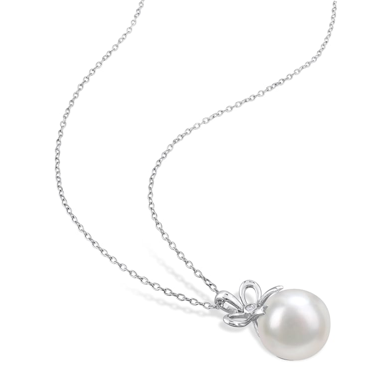 12-12.5MM Freshwater Cultured Pearl & Created White Sapphire Accent
Pendant in Sterling Silver