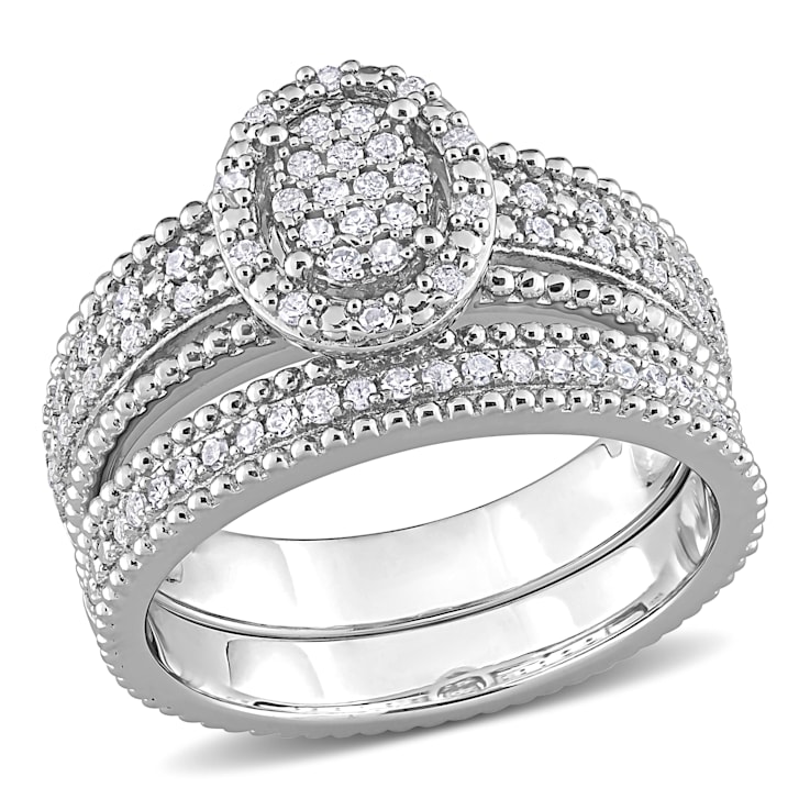 1/3 CT TW Diamond Oval Shape Cluster Bridal Set in Sterling Silver