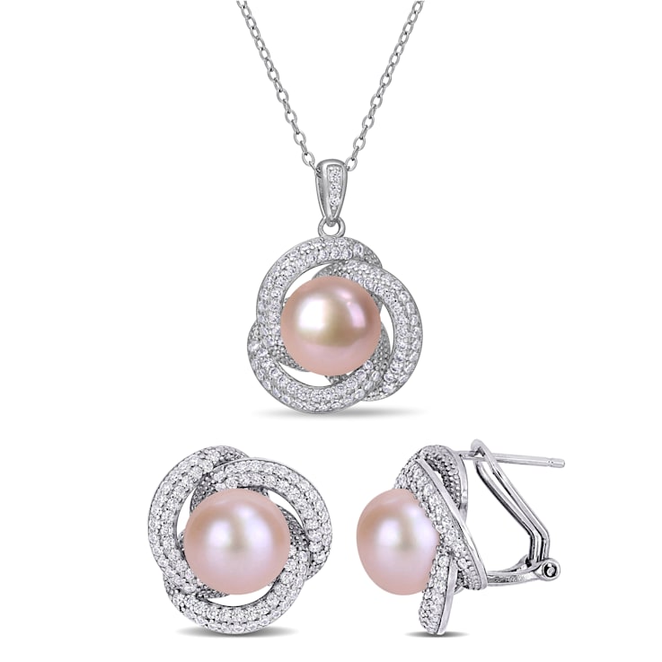 9.5-10.5MM Pink Freshwater Cultured Pearl & Cubic Zirconia Pendant
& Earrings Set in Sterling Silver