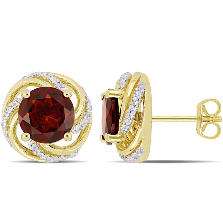 4 1/3 CT TGW Garnet and White Topaz Swirl Stud Earrings in Yellow Plated
Sterling Silver