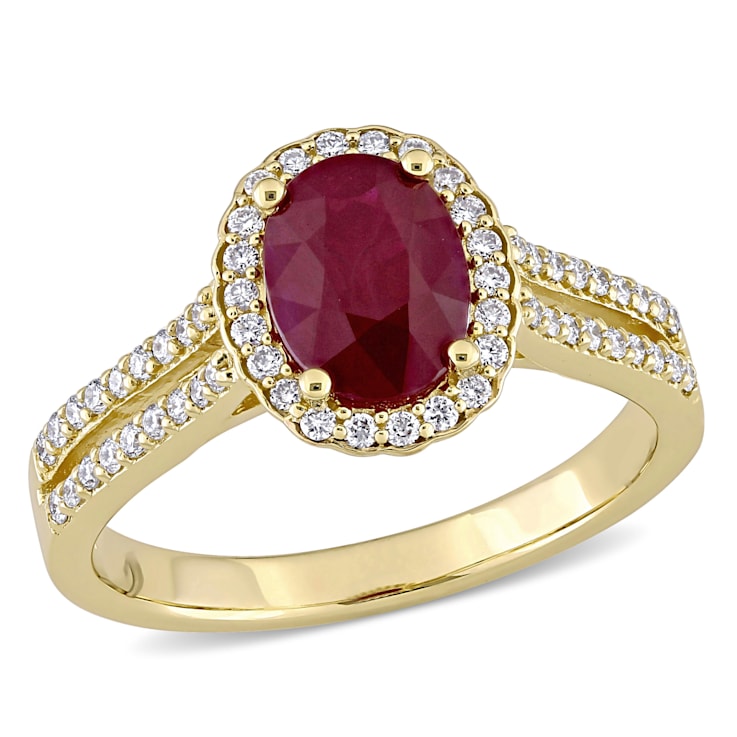 1 3/8 CT TGW Ruby and 1/3 CT TW Diamond Floral Halo Double Row Ring in
14K Yellow Gold