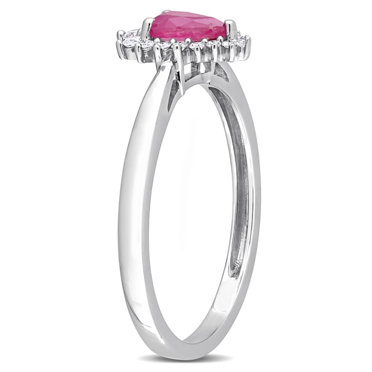 1/2 CT TGW Ruby and 1/8 CT TW Diamond Graduated Halo Ring in 14K White Gold