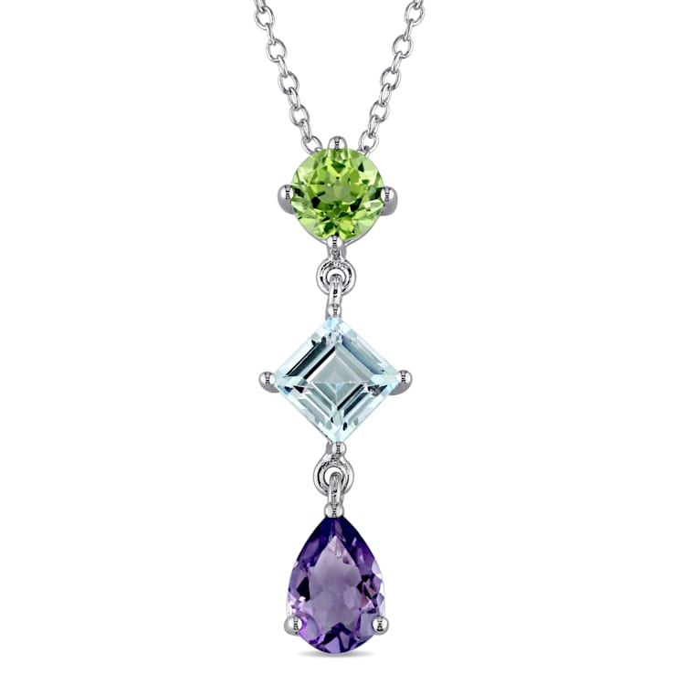 3 1/8 CT TGW Multi-Gemstones Drop Pendant with Chain in Sterling Silver
