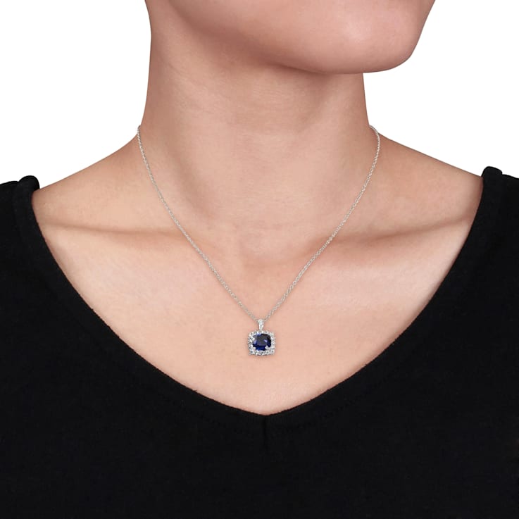 3 3/5 CT TGW Created Blue, White Sapphire with Diamond Accent Pendant
with Chain in Sterling Silver