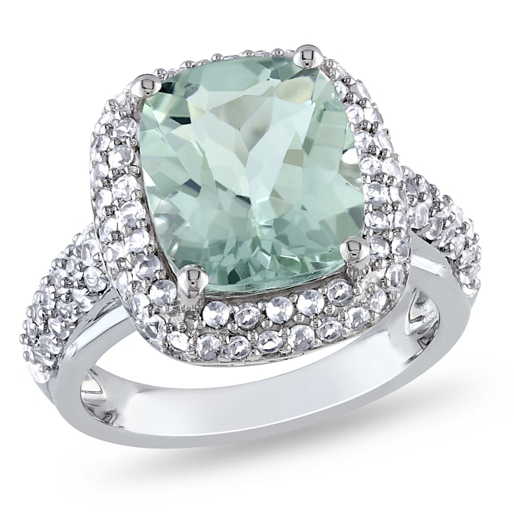 6 CTW Green Quartz and Created White Sapphire Double Halo Ring in
Sterling Silver