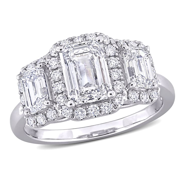 3 CT TW Lab-Grown Diamond Halo 3-Stone Ring in 14K White Gold