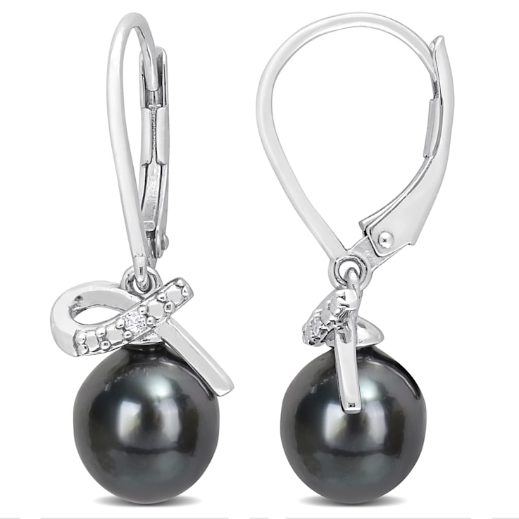 8-9MM Black Tahitian Cultured Pearl and Diamond Accent LeverBack
Earrings in Sterling Silver
