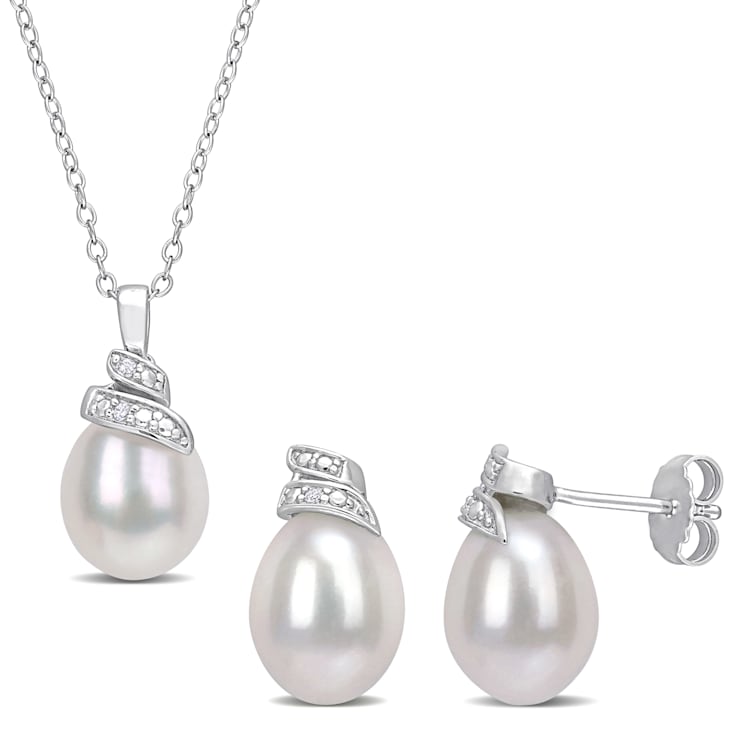 6.5-7MM Freshwater Cultured Pearl and Diamond Accent Earrings and
Pendant Set in Sterling Silver