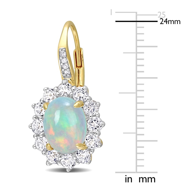 1 3/4 CT TGW Blue Ethiopian Opal, White Topaz and Diamond Earrings in
Yellow Sterling Silver