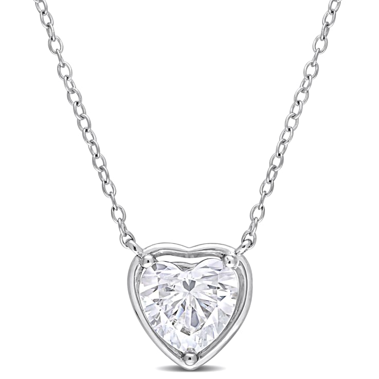 2 CT DEW Created Moissanite Halo Heart Pendant with Chain in Sterling Silver