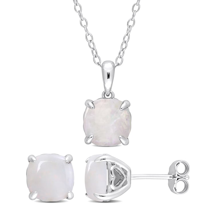 2-Pcs Set of 4 1/10 CT TGW Opal Solitaire Earrings and Pendant with
Chain in Sterling Silver