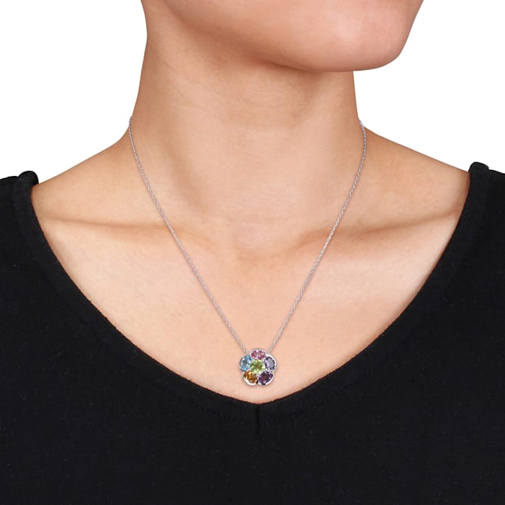 3 1/3 CT TGW Multi-Gem Floral Pendant in Sterling Silver