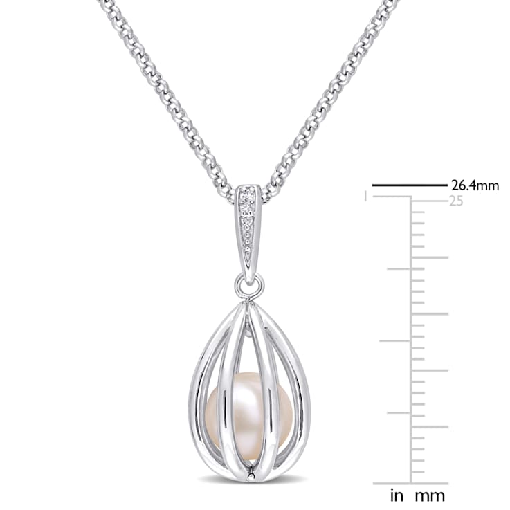 8-8.5 MM Freshwater Cultured Pearl and Diamond Accent Pearl Pendant with
Chain in Sterling Silver