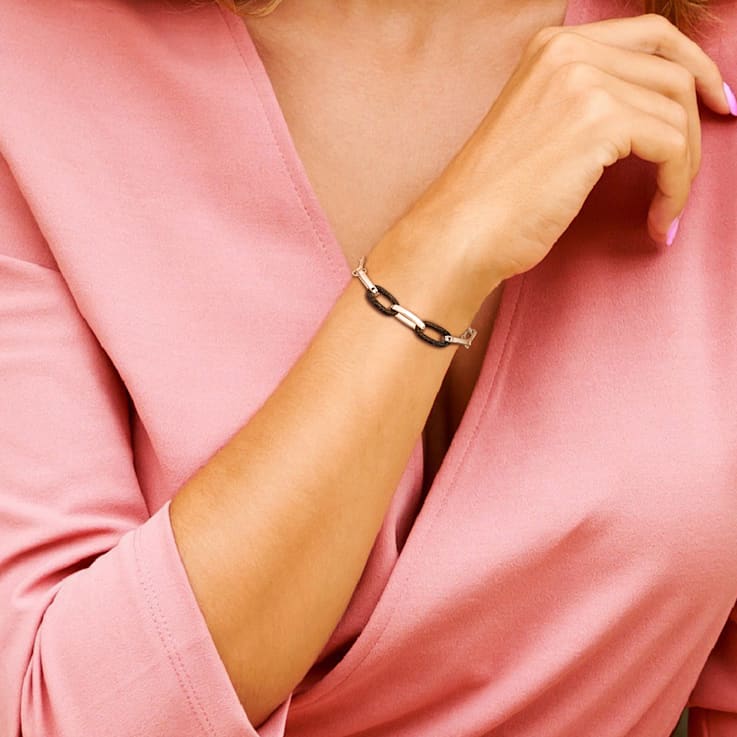 Black Enamel Oval Link Bracelet in Sterling Silver