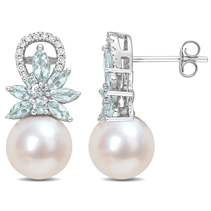Freshwater Cultured Pearl, 1 1/5 CT TGW Aquamarine, 1/8 CT TW Diamond
Earrings in 14K White Gold