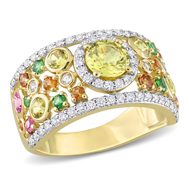 2 3/5 CT TGW Multi-Color Sapphire, Tsavorite and 1/2 CT TW Diamond Halo
Ring in 14K Yellow Gold
