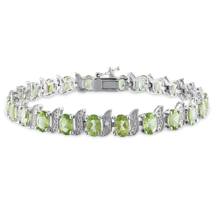 11 3/4 CT TGW Peridot and Diamond S-Link Bracelet in Sterling Silver