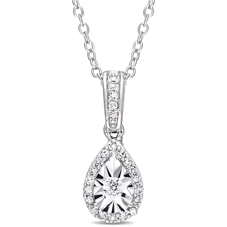 1/6 CT TW Diamond Teardrop Halo Pendant with Chain in Sterling Silver