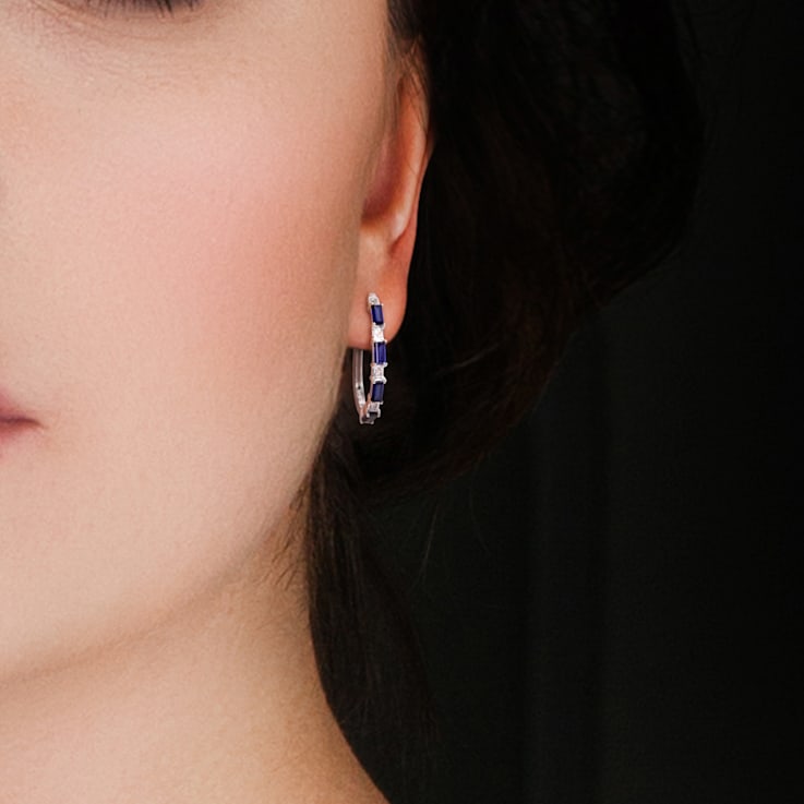 3 5/8 CT TGW Created Blue and White Sapphire Oval Hoop Earrings in
Sterling Silver