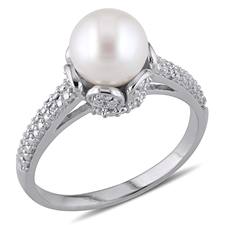 8-8.5MM Freshwater Cultured Pearl Ring with Diamonds in Sterling Silver