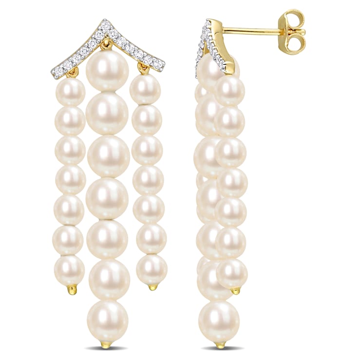 Cultured Pearl and 1/4 CT TGW White Topaz Earrings in 14K Yellow Gold
Over Sterling Silver