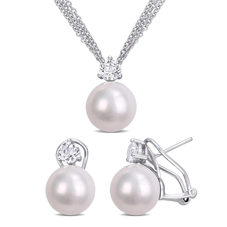 11-12MM Freshwater Cultured Pearl & 1 3/4 CT TGW Topaz Earrings and
Pendant Set in Sterling Silver