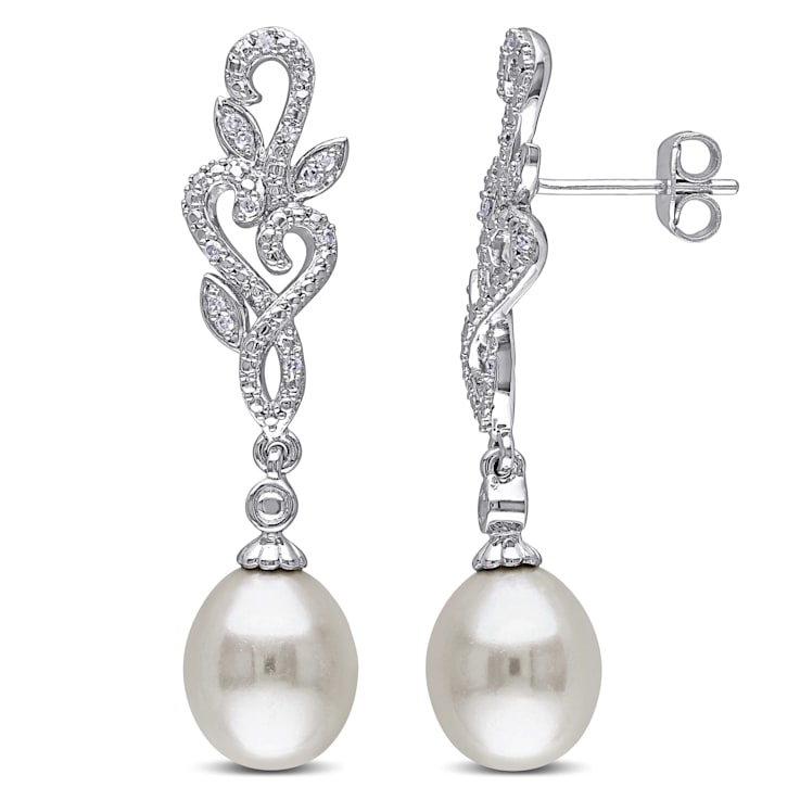 8.5-9 MM Freshwater Cultured Pearl and 1/10 CT TW Diamond Leaf Drop
Earrings in Sterling Silver