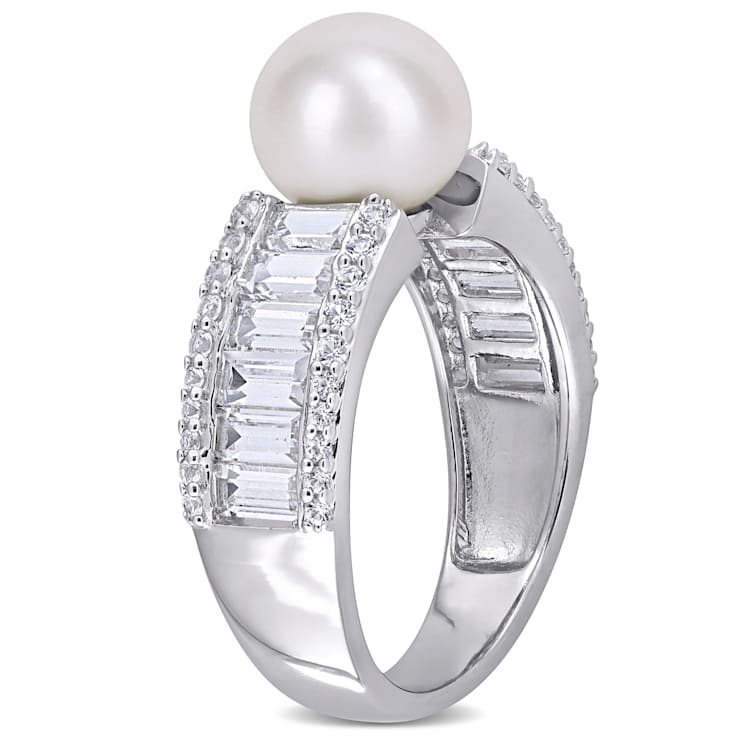 8-8.5MM Freshwater Cultured Pearl and 2 2/5 CT TGW Created White
Sapphire Ring in Sterling Silver
