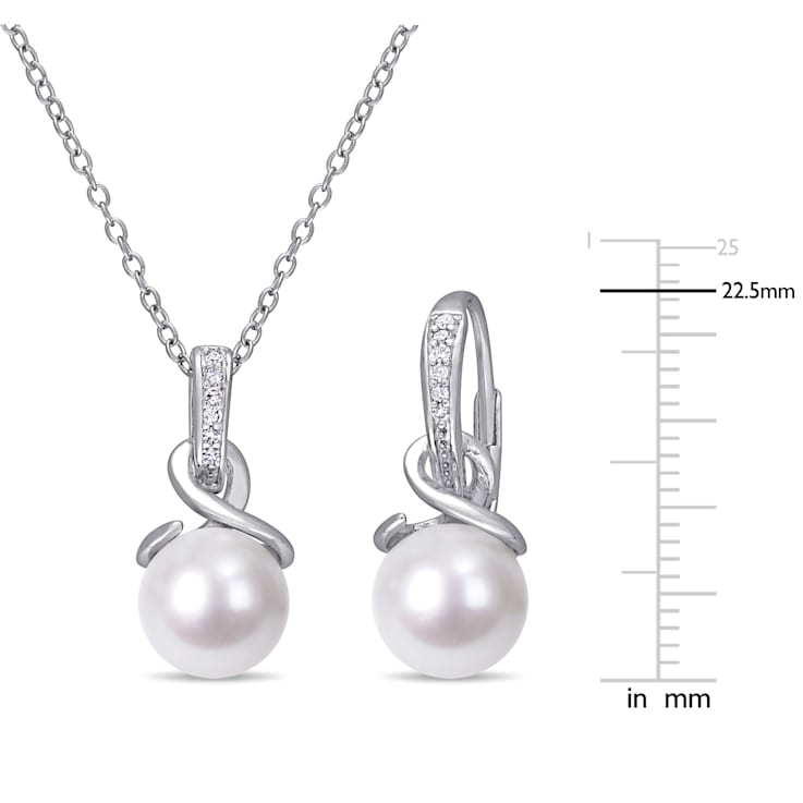 8-8.5MM Freshwater Cultured Pearl and 1/10 CT TW Diamond Earrings and
Pendant Set in Sterling Silver