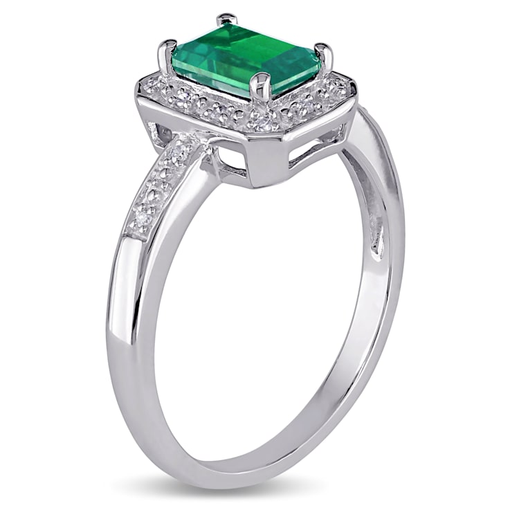 7/8 CT TGW Created Emerald and Diamond Accent Halo Ring in Sterling Silver