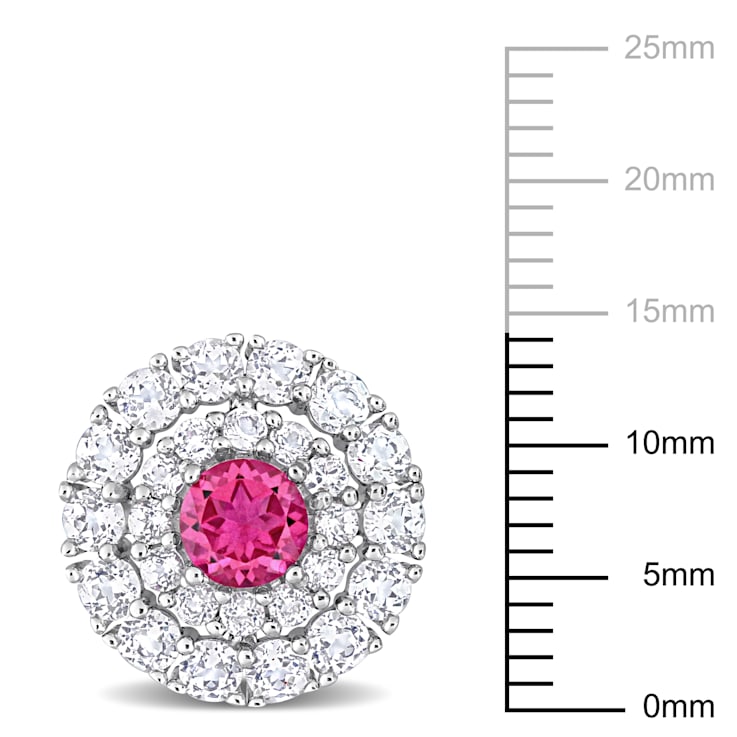 4 3/8 CT TGW Pink and White Topaz Double Halo Stud Earrings in Sterling Silver