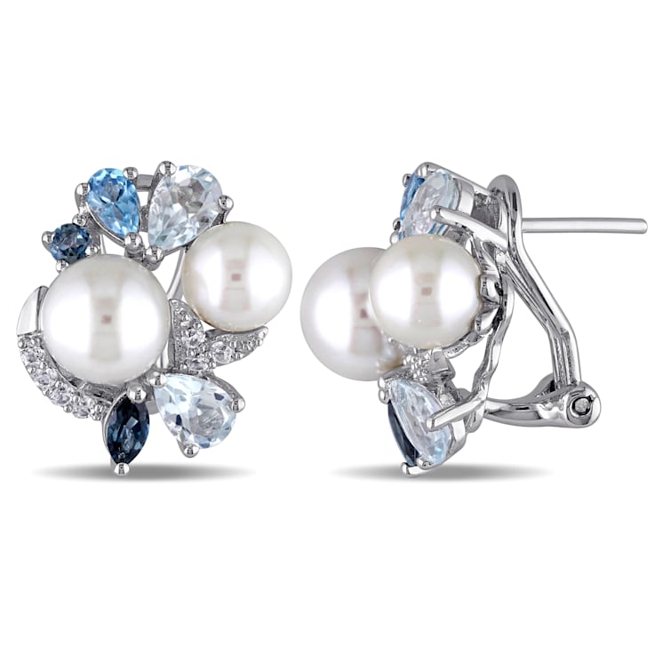 3 1/2 CT TGW Created White Sapphire, Multicolor Topaz and Cultured Pearl
Earrings in Sterling Silver