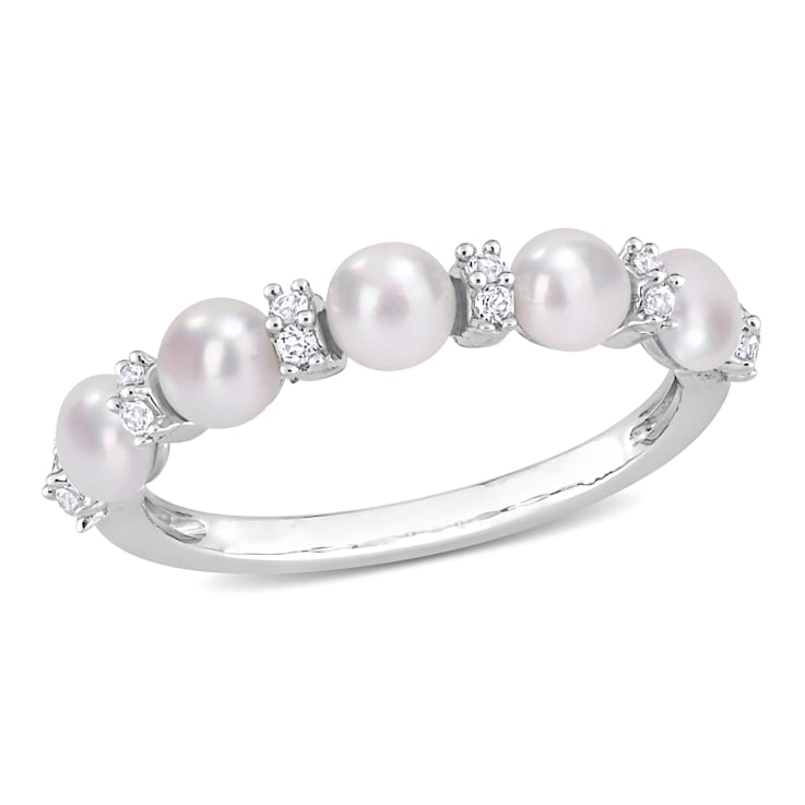 3.5-4MM Freshwater Cultured Pearl and 1/8 CT TGW White Topaz Semi
Eternity Ring in Sterling Silver