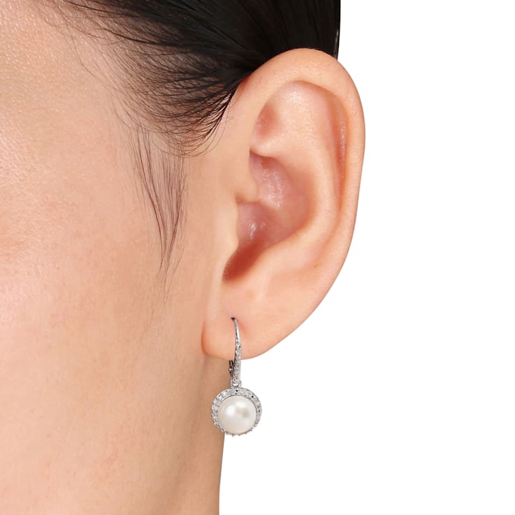 8-8.5 MM Freshwater Cultured Pearl and 1/5 CT TW Diamond Halo Drop
Earrings in Sterling Silver