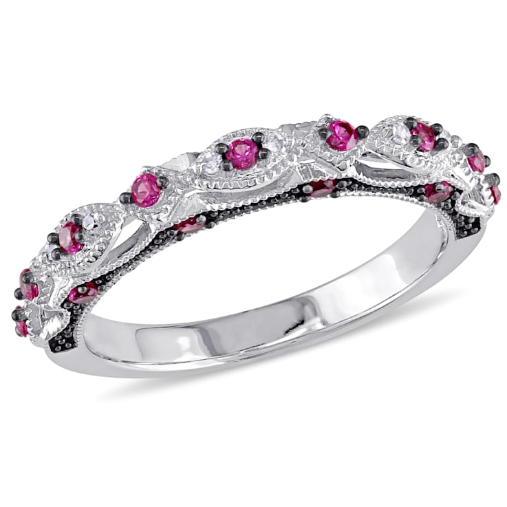 1/3 CT TGW Created Ruby and Diamond Vintage Anniversary Ring in 10K
White Gold with BlacK Rhodium