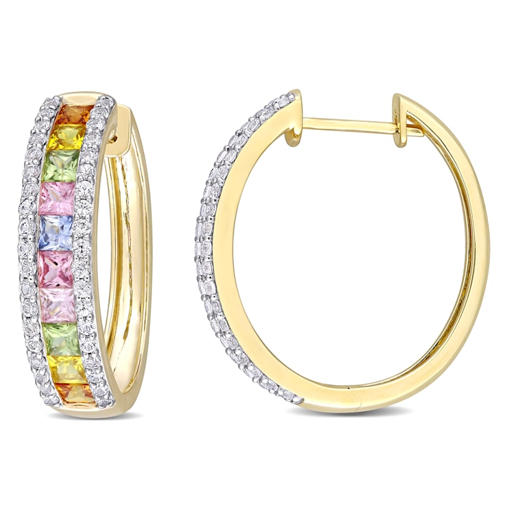 5 3/4 CT TGW Multi-Color Sapphire Hoop Earrings in 14K Yellow Gold
