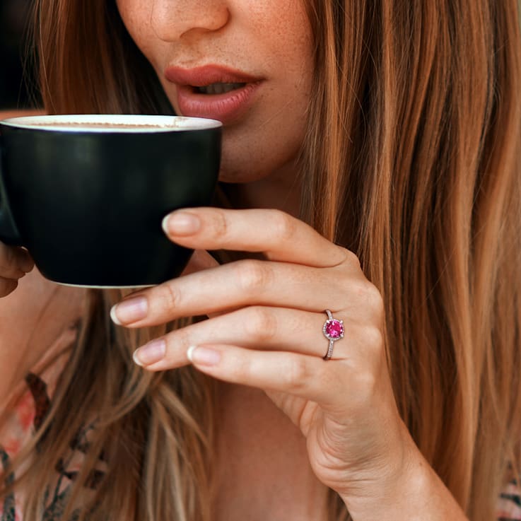 1 3/5 CT TGW Pink Topaz and Diamond Accent Halo Engagement Ring in 10K
White Gold