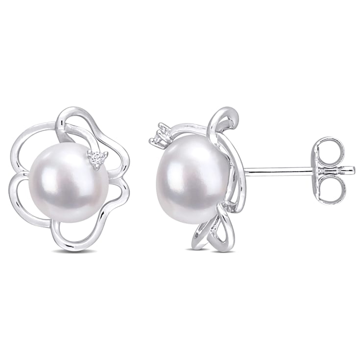 7.5-8MM Freshwater Cultured Pearl and Created White Sapphire Floral Stud
Earrings in Sterling Silver